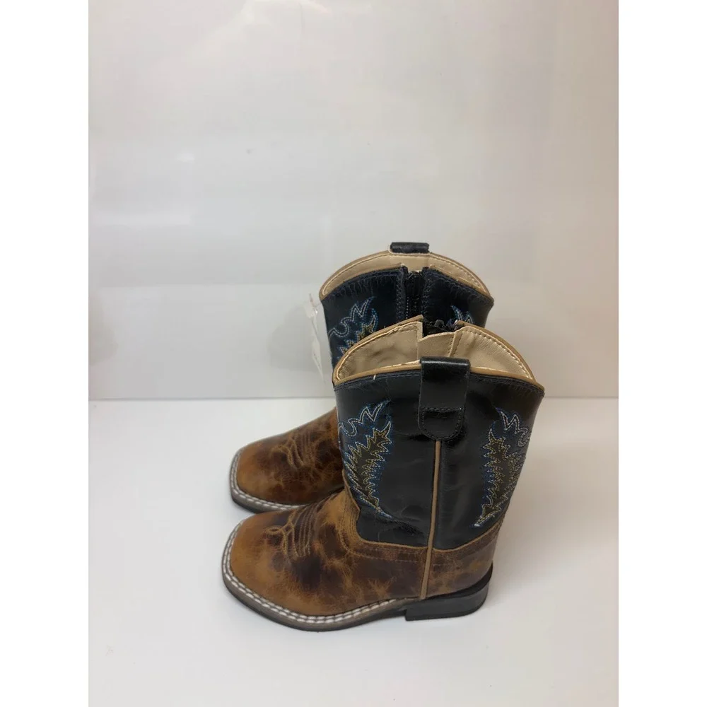 Old West Toddler Boys Brown Black Leather Square Toe Cowboy Boots BSI1960 Sz 7D